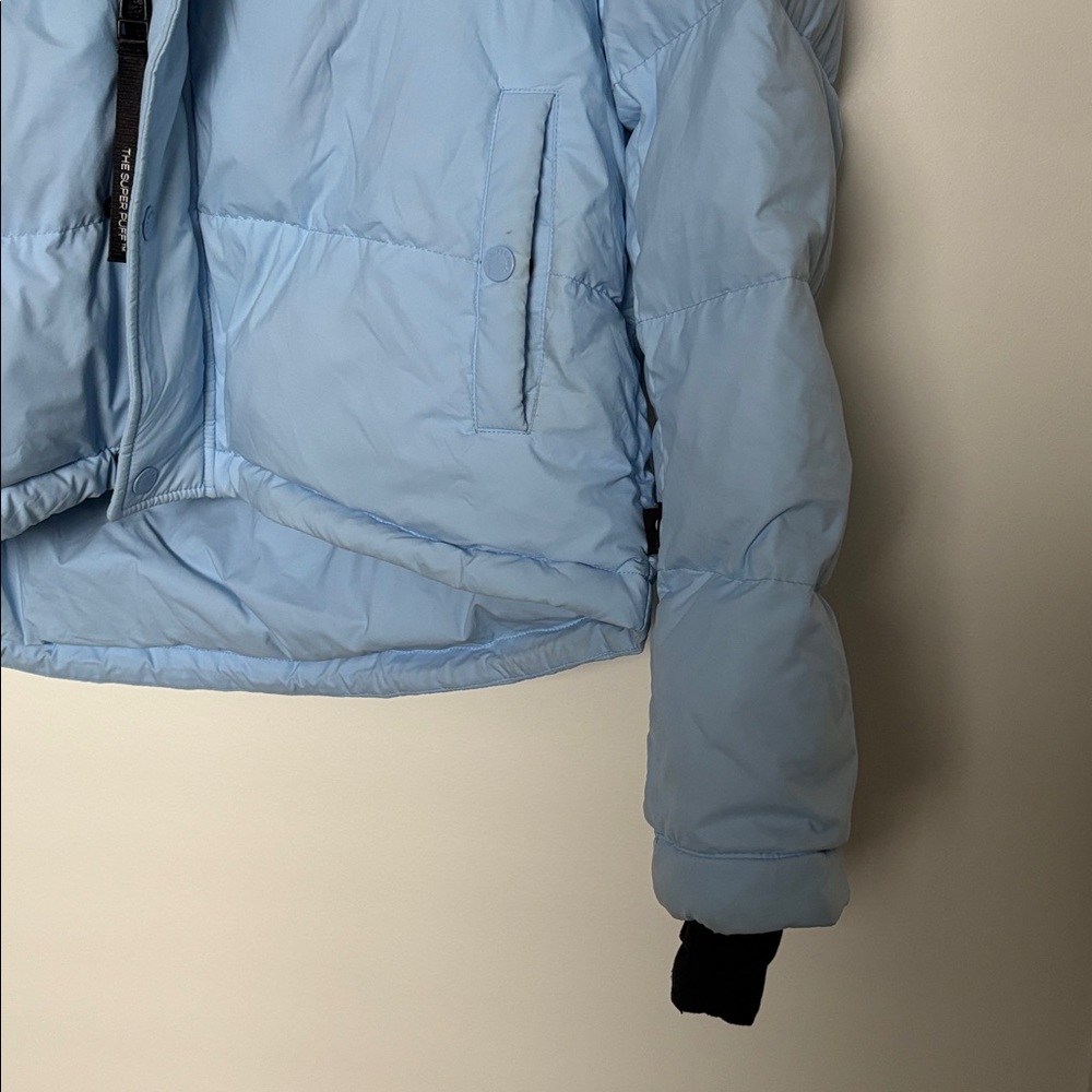 Aritzia Super Puff Light Blue Shorty Jacket, light marks on pocket & hood - Picture 3 of 10